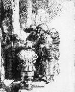 Beggars receiving alms at the door of a house, REMBRANDT Harmenszoon van Rijn